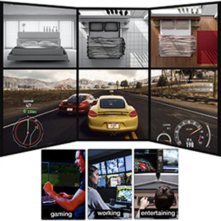 A video wall of six monitors in 3x2 configuration. Below it is three pictures indicating three usage scenarios: gaming, working and entertaining